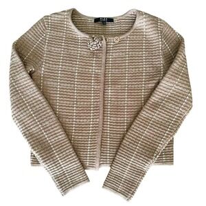 Alex Marie Cardigan Sweater Womens Small Tan Wool Blend Grid Cropped‎ Rosette